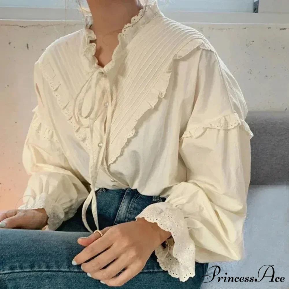 Frilled Antique Plain Extended Sleeve Bow Blouse