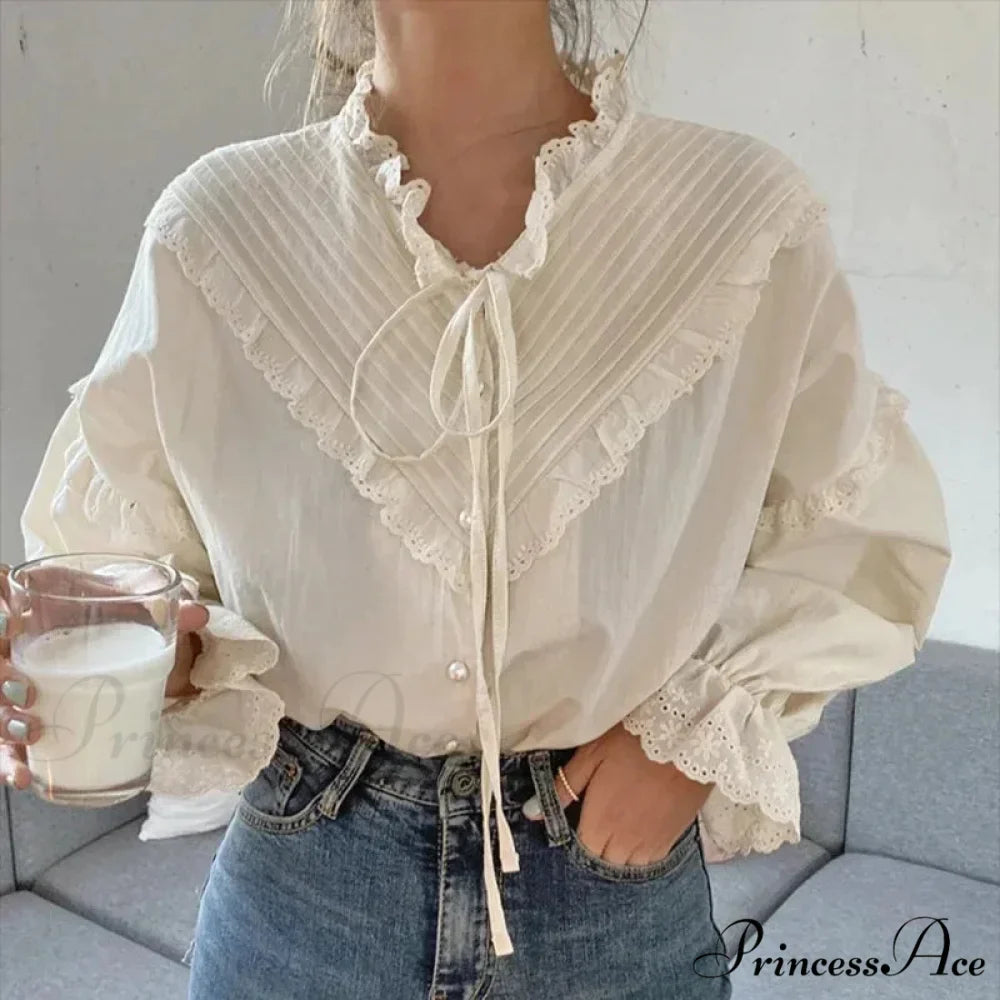 Frilled Antique Plain Extended Sleeve Bow Blouse