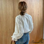 Frilled Antique Plain Extended Sleeve Bow Blouse