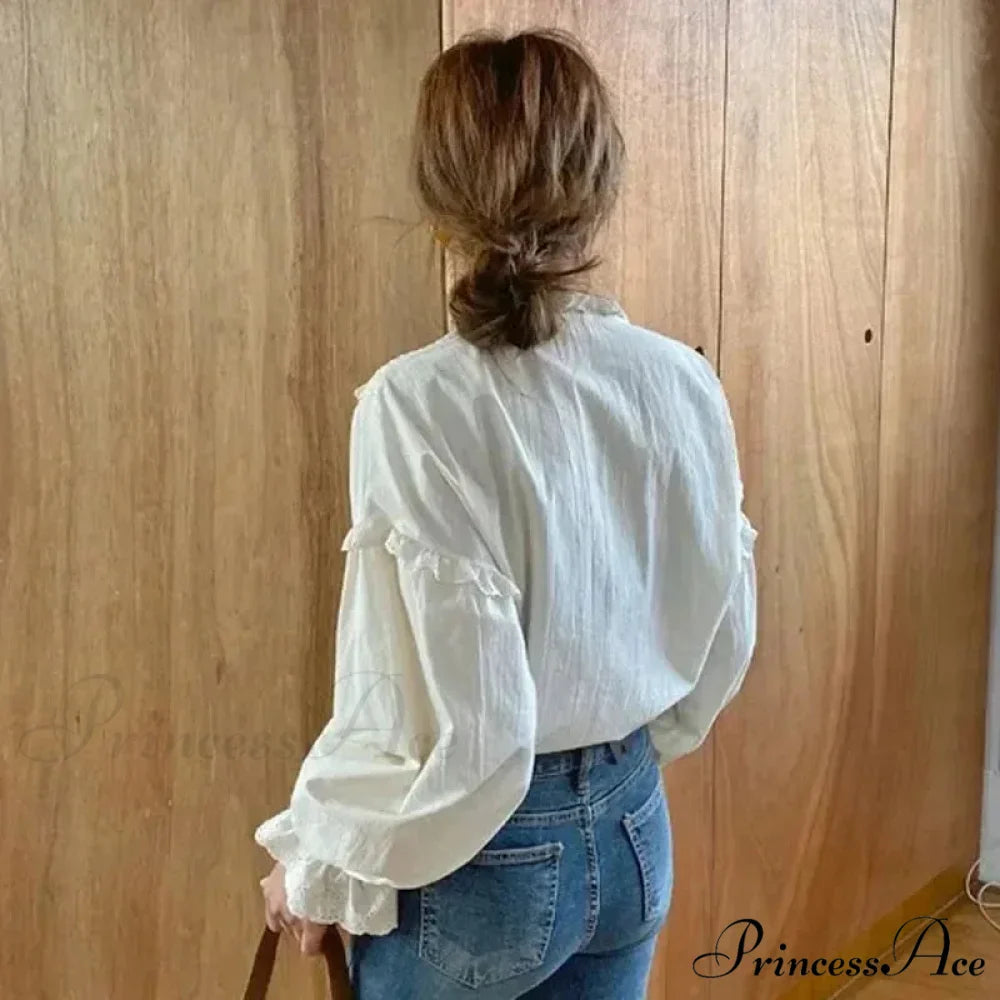 Frilled Antique Plain Extended Sleeve Bow Blouse