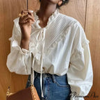 Frilled Antique Plain Extended Sleeve Bow Blouse