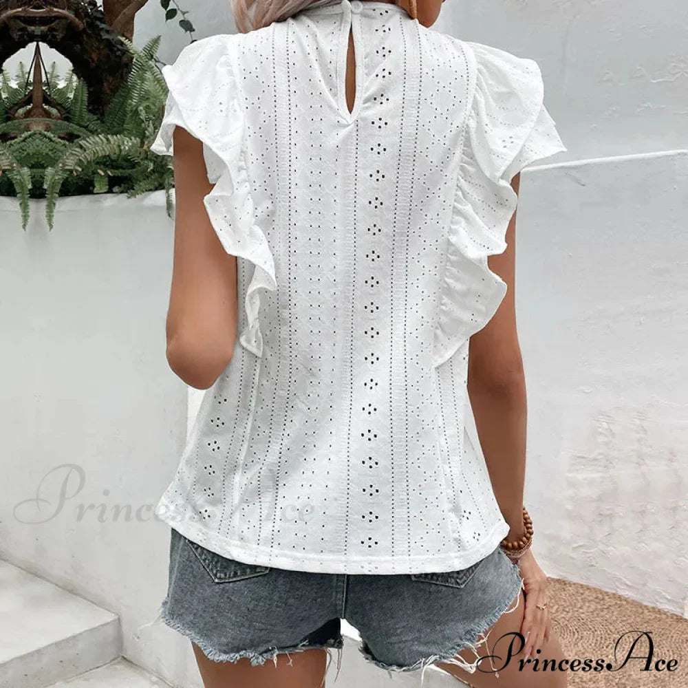 Frilled Lace Round-neck Butterfly Sleeve Informal Blouse