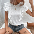 Frilled Lace Round-neck Butterfly Sleeve Informal Blouse