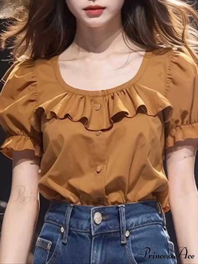 Frilled Monochrome Puff Sleeve Informal Tunic Blouse