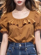 Frilled Monochrome Puff Sleeve Informal Tunic Blouse