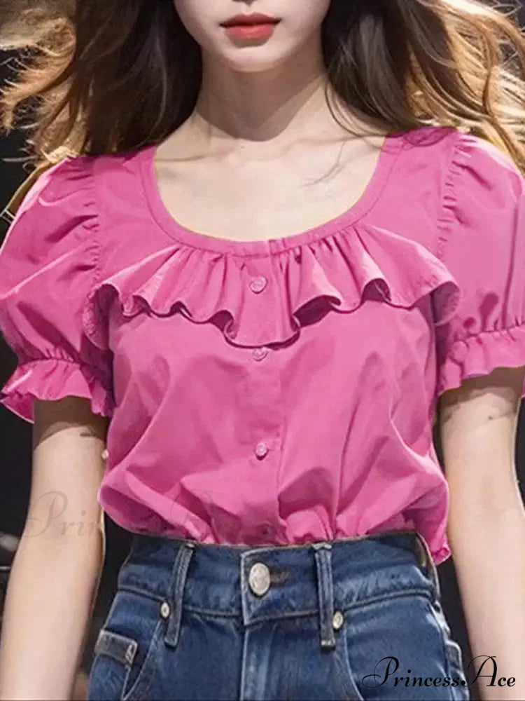 Frilled Monochrome Puff Sleeve Informal Tunic Blouse