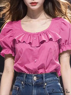 Frilled Monochrome Puff Sleeve Informal Tunic Blouse