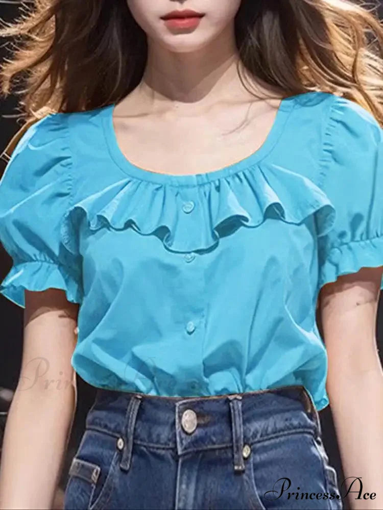 Frilled Monochrome Puff Sleeve Informal Tunic Blouse