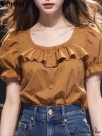 Frilled Monochrome Puff Sleeve Informal Tunic Blouse