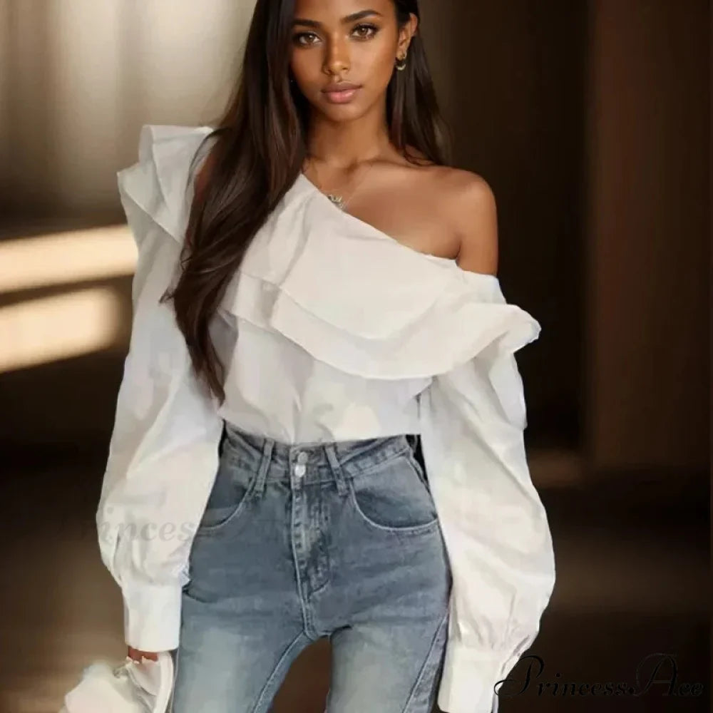 Frilled Off Shoulder Trim Fit Informal Extended Sleeve Blouse