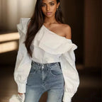 Frilled Off Shoulder Trim Fit Informal Extended Sleeve Blouse