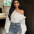 Frilled Off Shoulder Trim Fit Informal Extended Sleeve Blouse