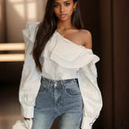 Frilled Off Shoulder Trim Fit Informal Extended Sleeve Blouse