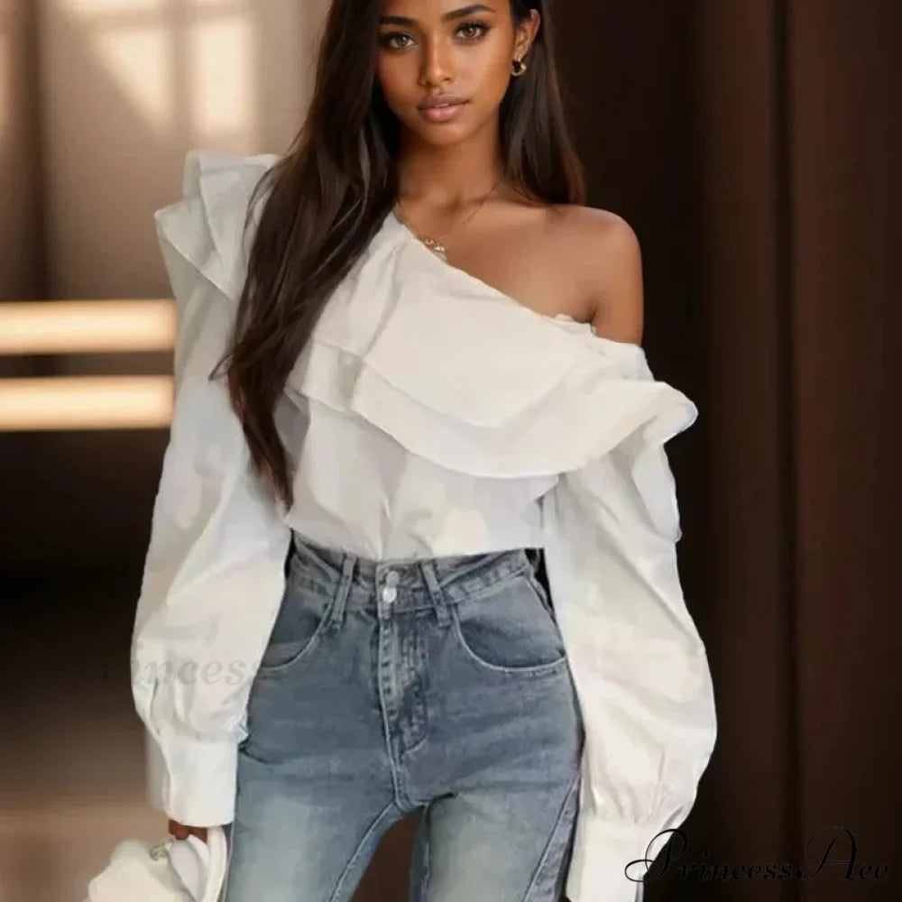 Frilled Off Shoulder Trim Fit Informal Extended Sleeve Blouse
