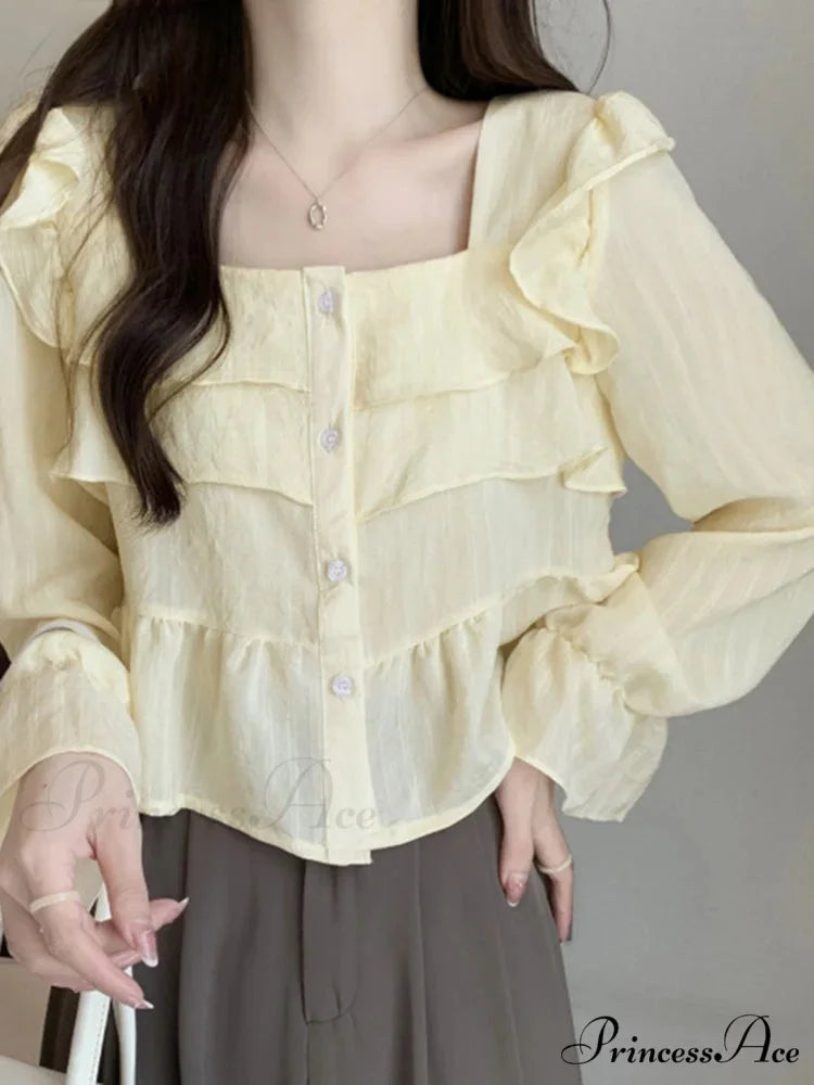 Frilled Quadrilateral Neck Flare Sleeve Top