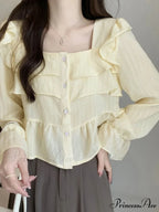 Frilled Quadrilateral Neck Flare Sleeve Top