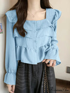 Frilled Quadrilateral Neck Flare Sleeve Top