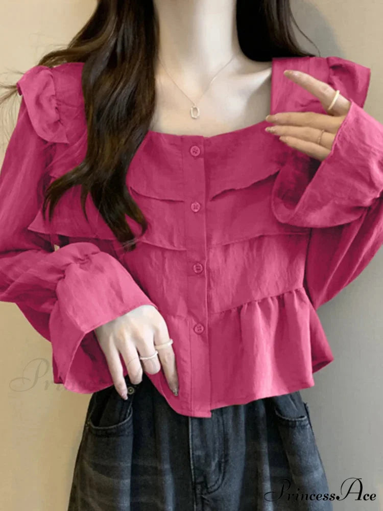 Frilled Quadrilateral Neck Flare Sleeve Top