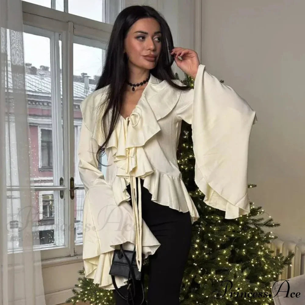 Frilled Tied-Up V-neck Blouse