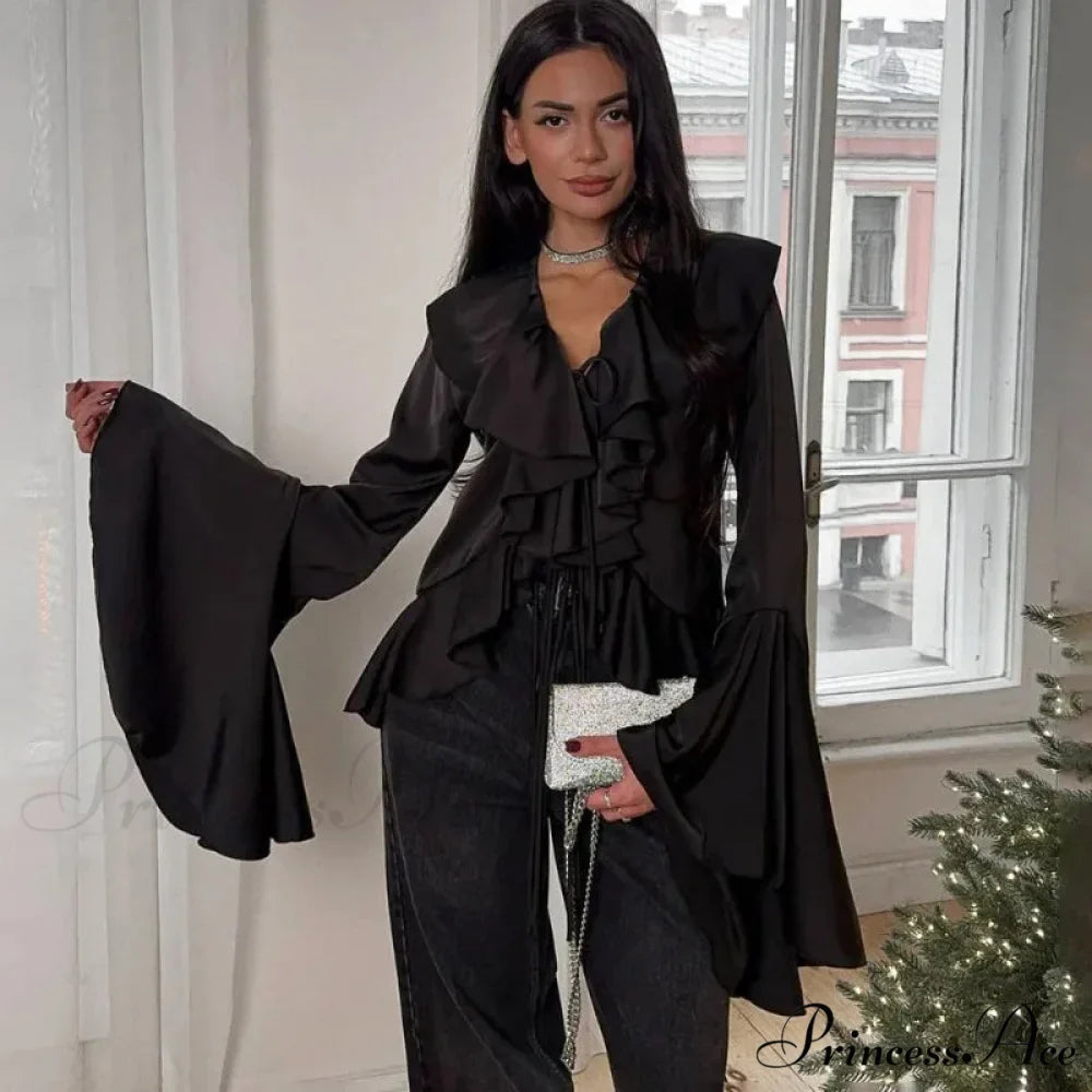 Frilled Tied-Up V-neck Blouse