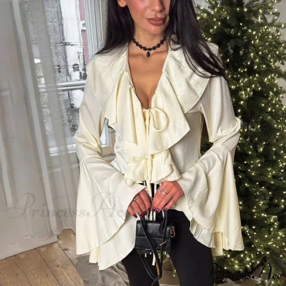 Frilled Tied-Up V-neck Informal Long Sleeve Blouse