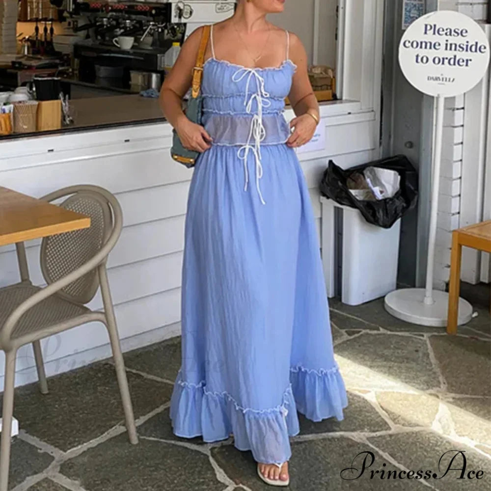 Frills Fasten-Up Crop Top A-line Maxi Skirt Two Pieces Set