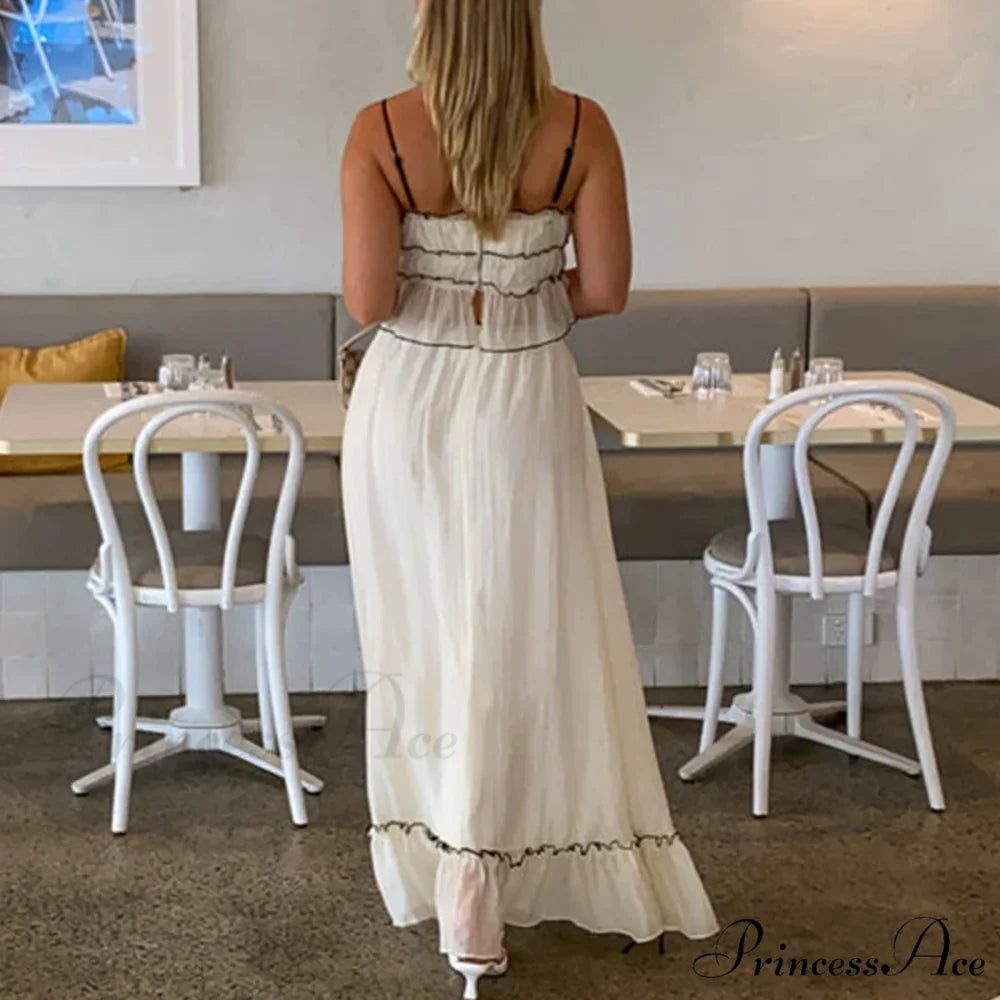 Frills Fasten-Up Crop Top A-line Maxi Skirt Two Pieces Set