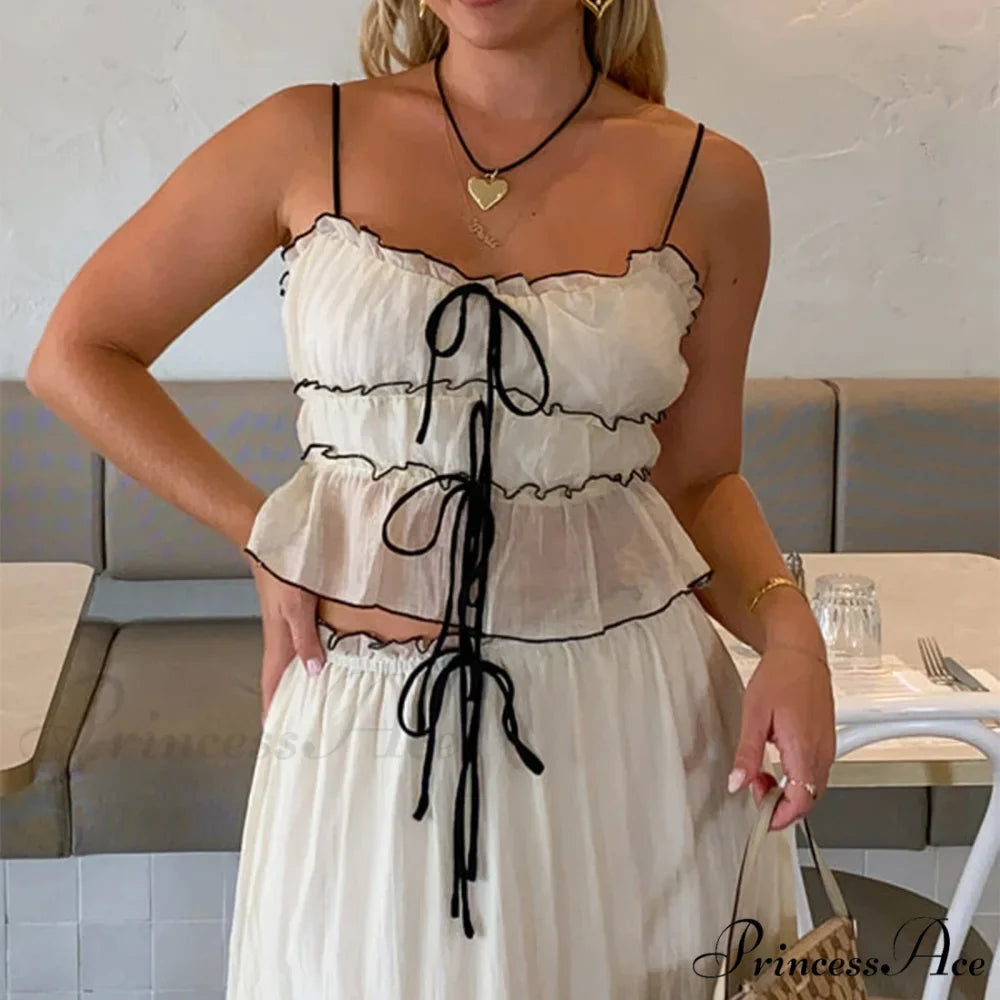 Frills Fasten-Up Crop Top A-line Maxi Skirt Two Pieces Set