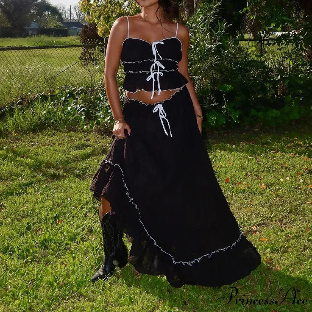 Frills Fasten-Up Front Camisole Crop Top Maxi Skirt Two Pieces Set