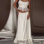 Frills Fasten-Up Front Camisole Crop Top Maxi Skirt Two Pieces Set