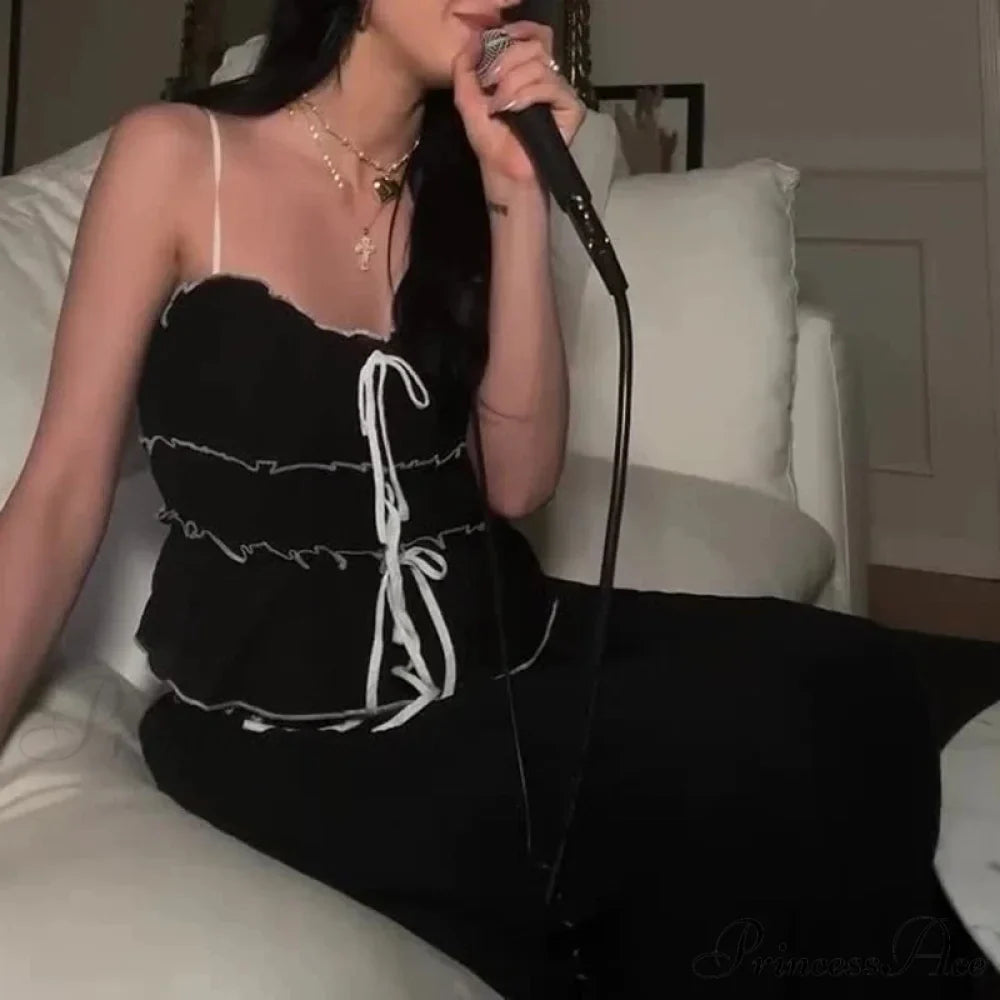 Frills Fasten-Up Front Camisole Crop Top Maxi Skirt Two Pieces Set