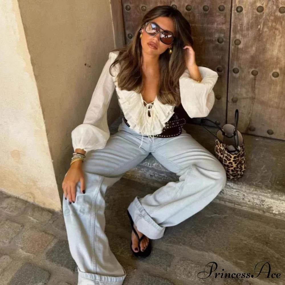 Frills Profound Plunge Lace-Up Baggy Boho Blouse