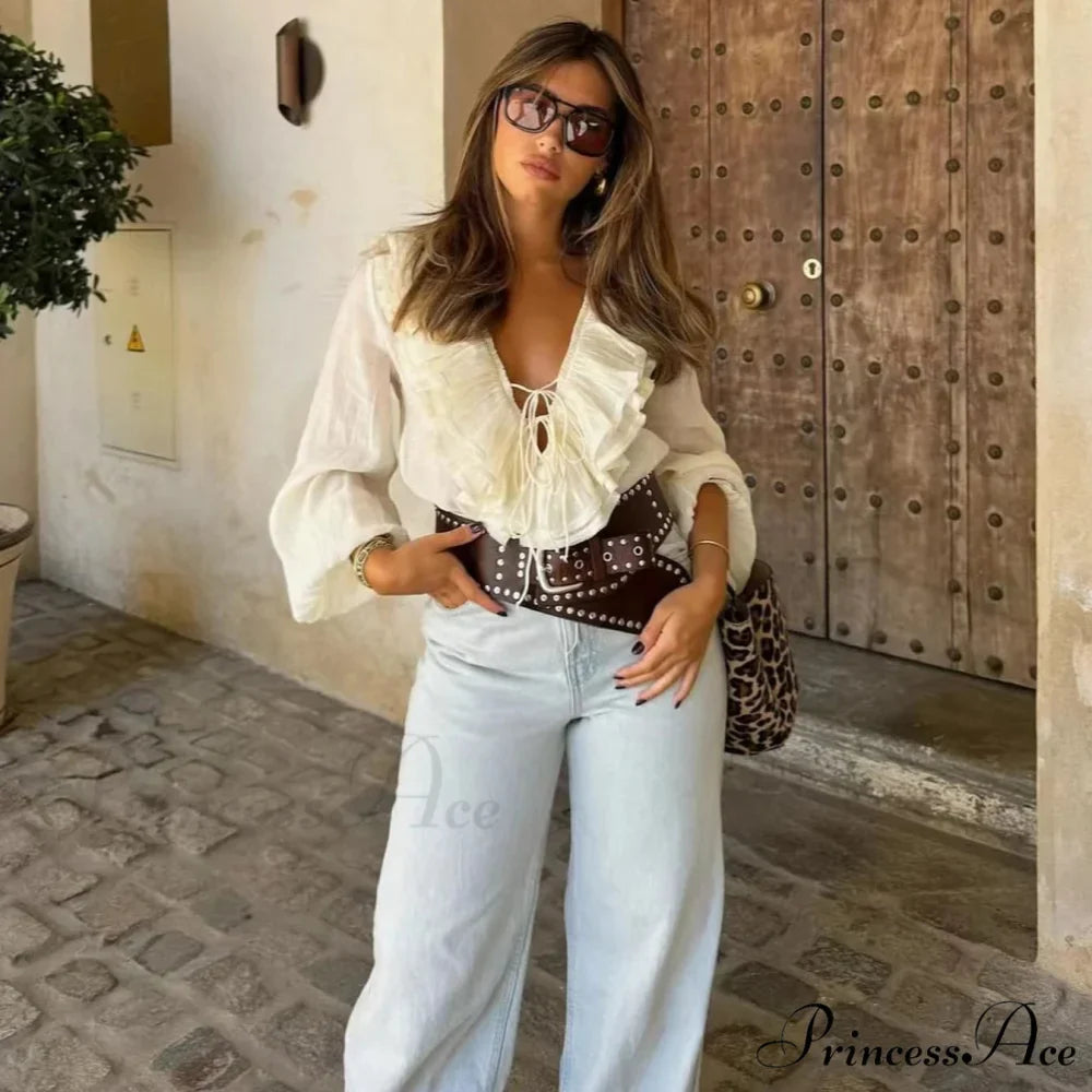 Frills Profound Plunge Lace-Up Baggy Boho Blouse