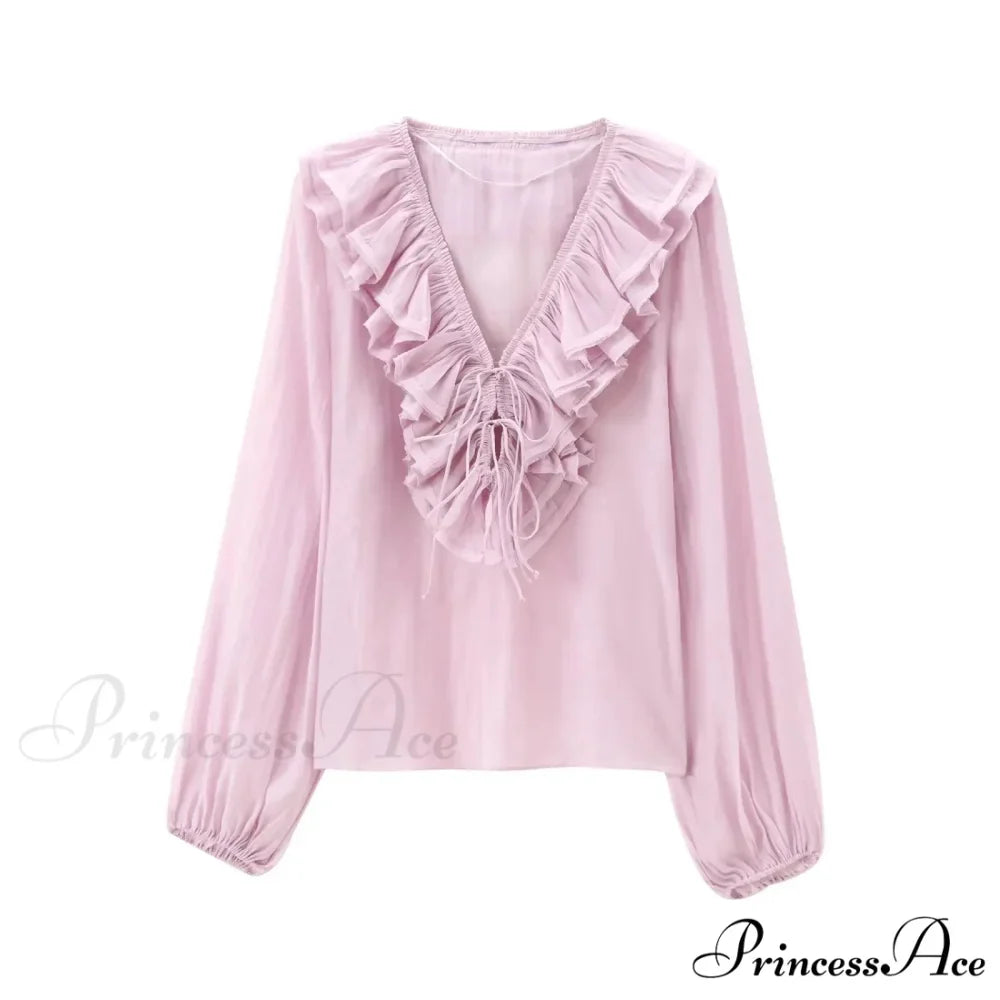Frills Profound Plunge Lace-Up Baggy Boho Blouse