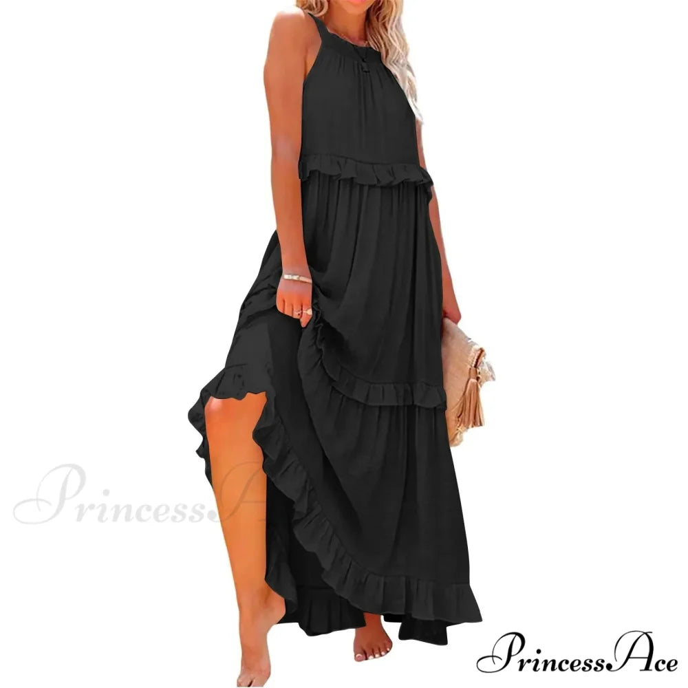 Frills Seductive Divided Halter Sleeveless Generous Hem Maxi Boho Dress