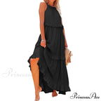Frills Seductive Divided Halter Sleeveless Generous Hem Maxi Boho Dress
