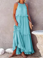 Frills Seductive Divided Halter Sleeveless Generous Hem Maxi Boho Dress