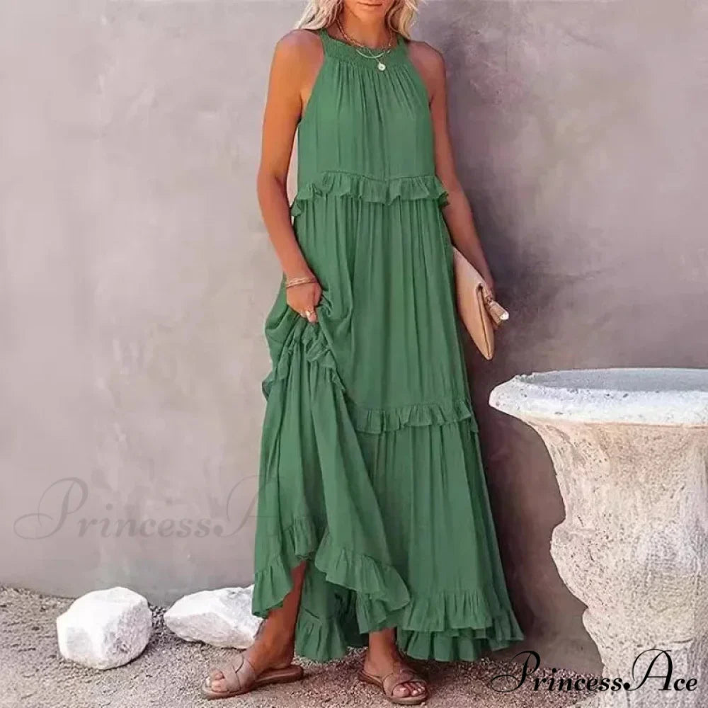 Frills Seductive Divided Halter Sleeveless Generous Hem Maxi Boho Dress