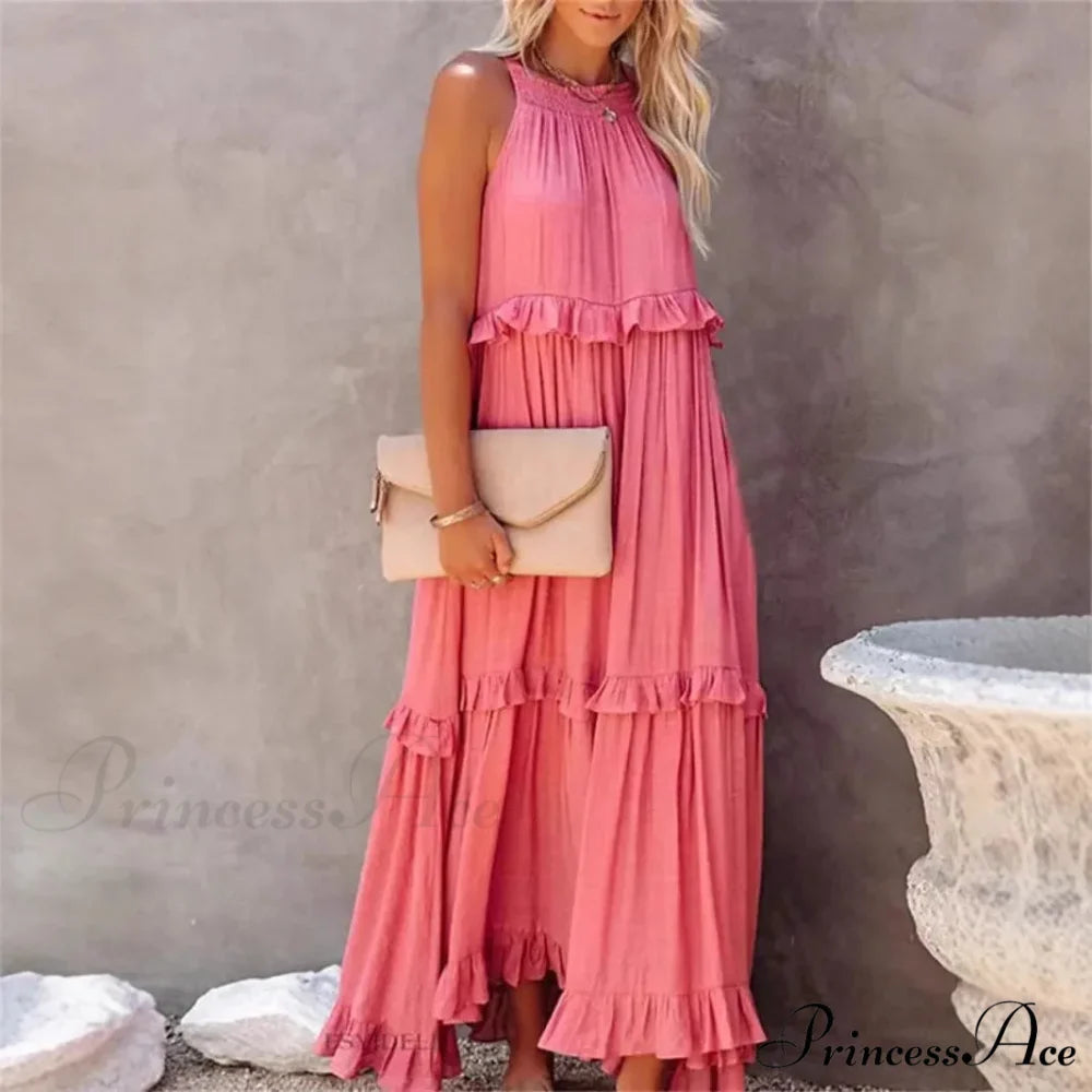 Frills Seductive Divided Halter Sleeveless Generous Hem Maxi Boho Dress