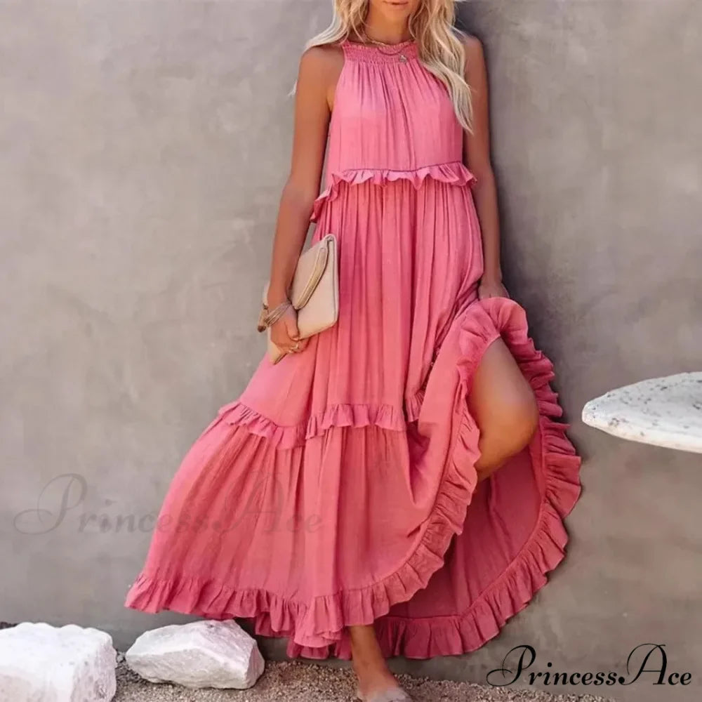 Frills Seductive Divided Halter Sleeveless Generous Hem Maxi Boho Dress