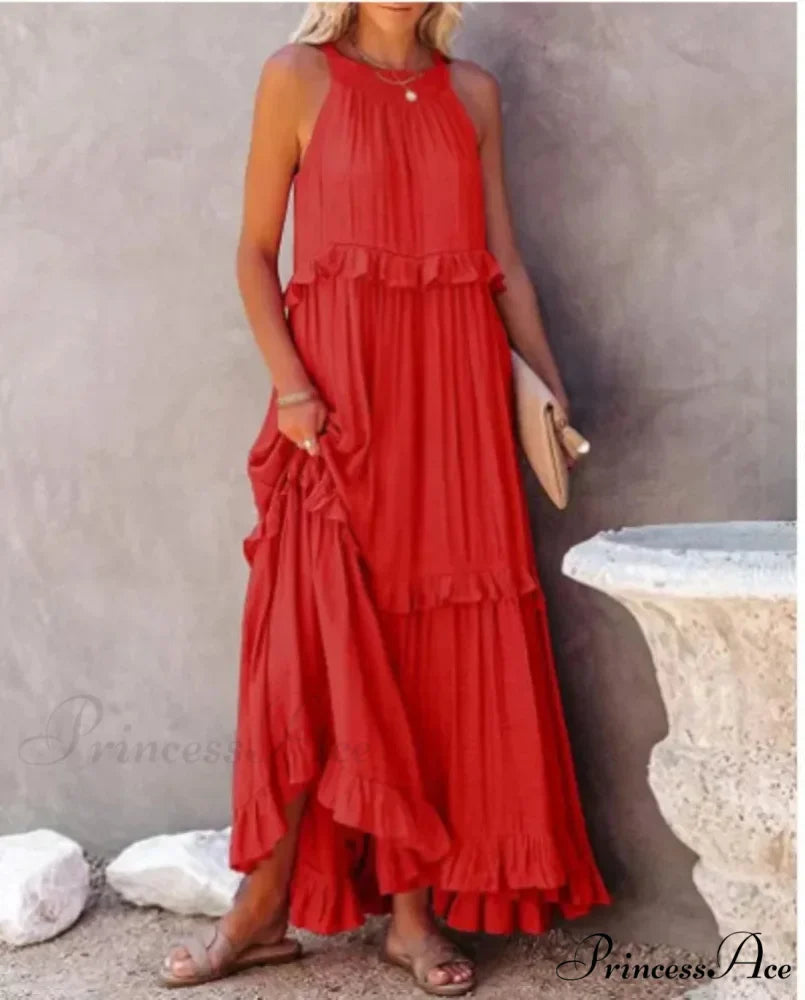 Frills Seductive Divided Halter Sleeveless Generous Hem Maxi Boho Dress