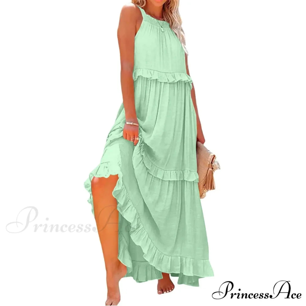 Frills Seductive Divided Halter Sleeveless Generous Hem Maxi Boho Dress