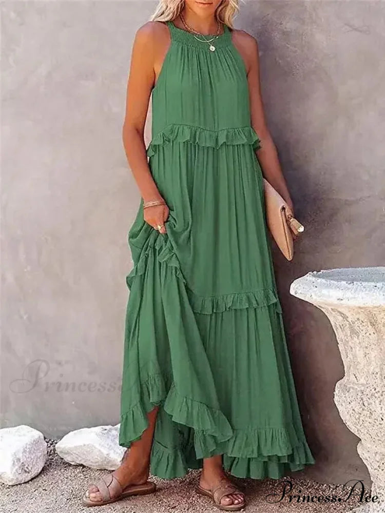 Frills Seductive Divided Halter Sleeveless Generous Hem Maxi Boho Dress