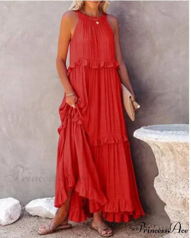 Frills Seductive Divided Halter Sleeveless Generous Hem Maxi Boho Dress