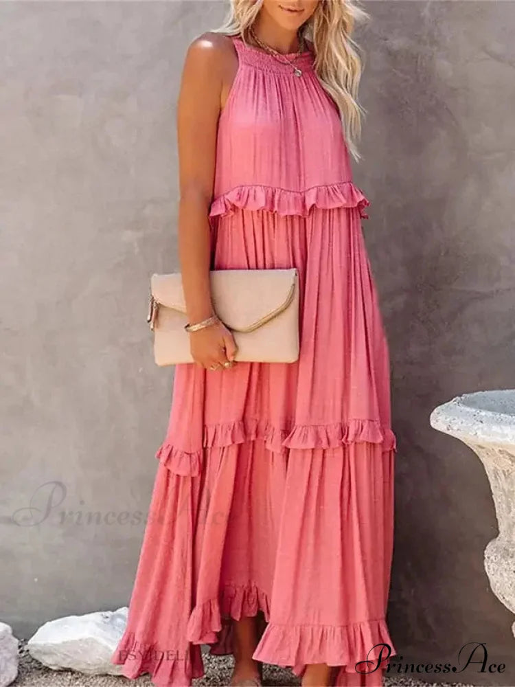 Frills Seductive Divided Halter Sleeveless Generous Hem Maxi Boho Dress