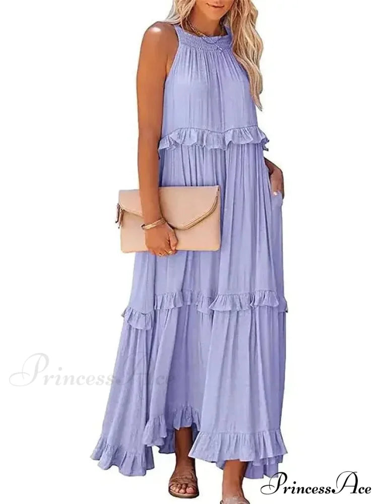 Frills Seductive Divided Halter Sleeveless Generous Hem Maxi Boho Dress