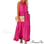 Frills Seductive Divided Halter Sleeveless Generous Hem Maxi Boho Dress