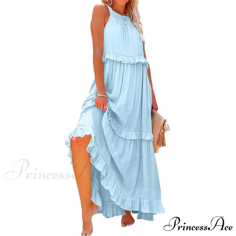 Frills Seductive Divided Halter Sleeveless Generous Hem Maxi Boho Dress