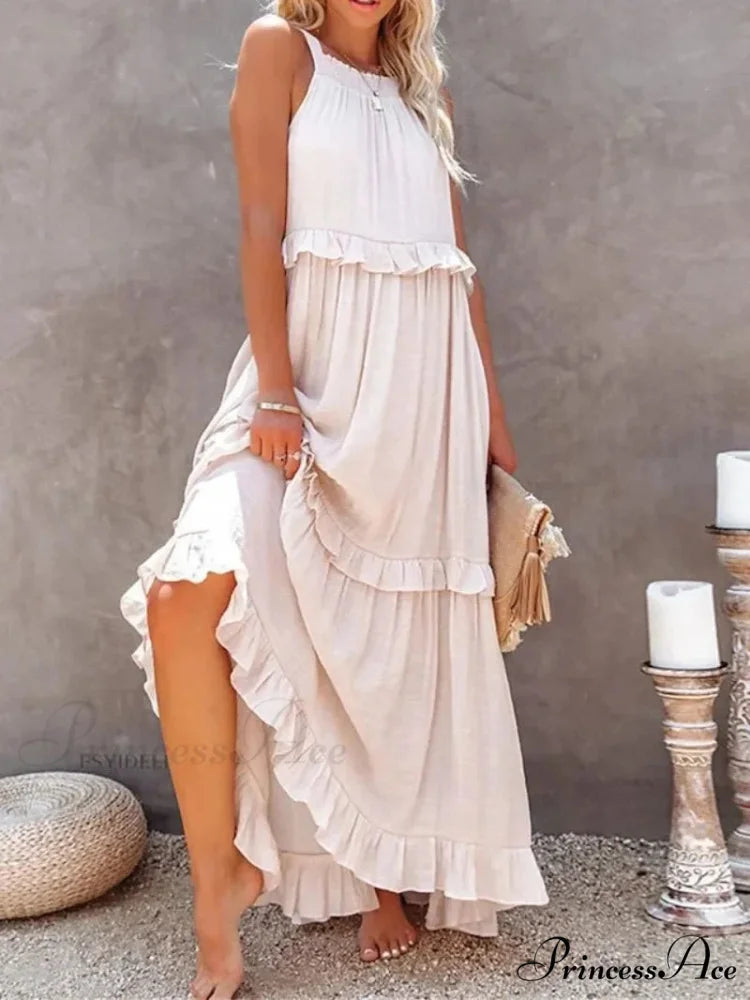 Frills Seductive Divided Halter Sleeveless Generous Hem Maxi Boho Dress