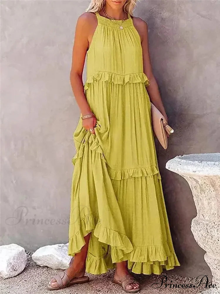 Frills Seductive Divided Halter Sleeveless Generous Hem Maxi Boho Dress